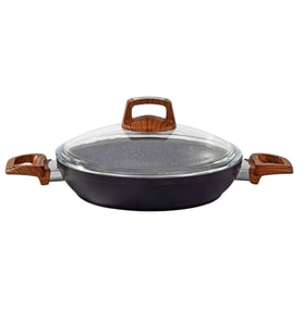 Bonera 22 Cm Ahşap Desenli Bakalit Kulplu Cam Kapaklı Vogue Granit Omlet Tava Grnt 1052