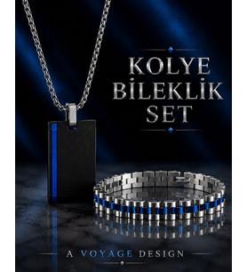 Paslanmaz Çelik Mavi Renk Detaylı Erkek Bileklik Kolye Set