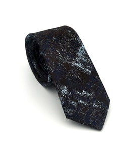 Turkuaz Lacivert Desenli Kahverengi Dokuma Kumaş Mendilli Slim Fit Kravat // SDK-2608-7