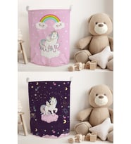 Unicorn Desenli Pembe-Mor Çocuk Odası Oyuncak ve Sepet Seti, 2 Adet