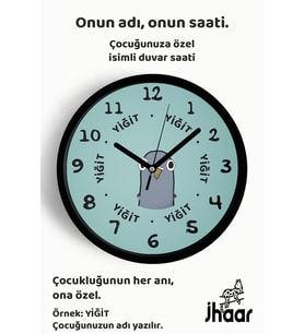 İsme Özel Şaşkın Güvercin Çocuk Odası Duvar Saati Orta Boy 30 cm Siyah Camlı Sessiz