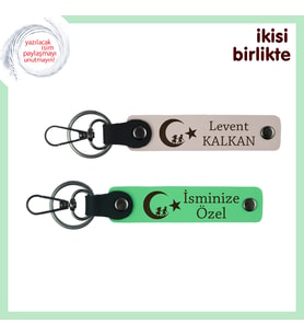 Sevgiline Ait Olan Hediyelik – Çocuk Ve Ayyıldız Motifli Kişisel Deri Anahtarlık, Pudra-Yeşil