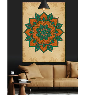 Yeşil-Turuncu Geometrik Mandala Deseni Dekoratif Kanvas - Mdf Ahşap Tablo