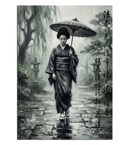 Şemsiyeli Kimono Giyen Japon Kadın Dekoratif Kanvas - Mdf Ahşap Tablo