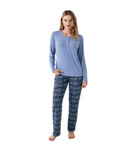 Arnetta %100 Modal Sıfır Yaka Patlı Bayan Pijama Takım (İndigo)
