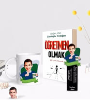 BK Gift Kişiye Özel Erkek En İyi Öğretmen Karikatürlü Beyaz Kupa Ahşap Kitap Ayracı ve Öğretmen Olmak Kitabı Hediye Seti-1