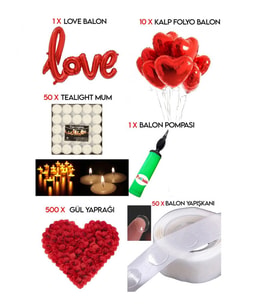 Mum, Love Ve Kalp Balon, Gül Yaprağı, Tealight Mum Süsleme, Sevgililer Günü, Evlilik Teklifi-