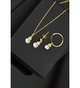 Papatya Silver 925 Ayar Gümüş Beyaz Opal Yuvarlak Kolye Ve Çivili Ve Halka Küpe Set (Gold)