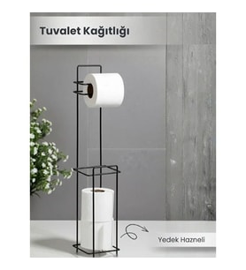 Siyah Standlı Yedek Hazneli Tuvalet Kağıtlığı Metal Gövdeli