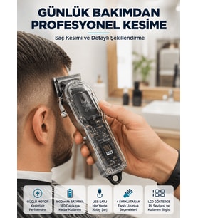 Lexroo Şarjlı Saç Kesme Makinesi 4 Farklı Taraklı LCD Pil Göstergeli USB Şarjlı Profesyonel Erkek