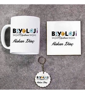 Biyoloji Öğretmeni Kupa Bardak Altlık ve Anahtarlık Hediye Seti (Model 1)