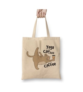 Cat Yoga Coffe Kedi Kahve Beyaz Bez Çanta Uzun Saplı Alışveriş Çantası Plaj Çantası