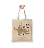Cat Yoga Coffe Kedi Kahve Beyaz Bez Çanta Uzun Saplı Alışveriş Çantası Plaj Çantası