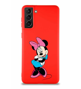 Samsung Galaxy S21 Plus Soft Premier Kapak Minnie Mouse-D Tasarımlı Silikon Kılıf - Kırmızı (Şeffaf)