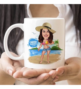 Kişiye Özel Tatildeki Şapkalı Kız Karikatürlü Kupa Bardak