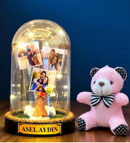 Sizlere Özel Led Işıklı Biblolu Fanus ve Pembe Peluş Ayıcıklı Anahtarlık (Model 9)
