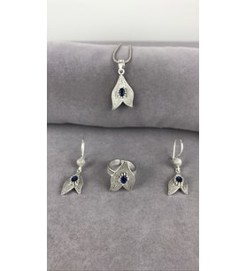 Telkari Safir Taşlı Çift Yaprak Gümüş Kadın Set