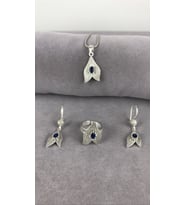 Telkari Safir Taşlı Çift Yaprak Gümüş Kadın Set