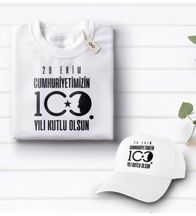 BK Gift 100. Yıl Hatırası Beyaz Tişört ve Şapka Hediye Seti-3, 29 Ekim Hediyesi, Cumhuriyet Bayramı, 100.Yıl Hediyesi