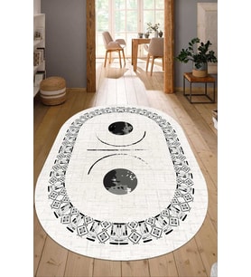 Dijital Baskılı Kaymaz Taban Yıkanabilir Oval Salon Halısı Mutfak Halısı Yolluk NDO-SD-1067 (Bej)