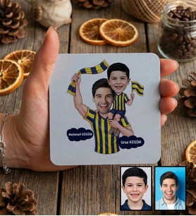 Kişiye Özel Karikatürlü Sarı Lacivert Taraftar Baba Oğul Bardak Altlığı Babalar Günü Hediyesi