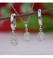 Beyaz Taşlı Minimal Anturaj Damla Gümüş Kolye Küpe Takım
