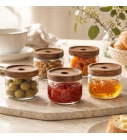 300 ml Cam Kahvaltılık 5’li Set, Akasya Kapaklı Şeffaf Cam Saklama Kavanozu, Kahvaltı Sunum Kabı, Zeytin Reçel Bal Kuruyemiş Sos Atıştırmalık Kavanozu