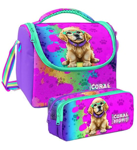 Coral High Mor Pembe Köpek Desenli Kız Çocuk Isı Yalıtımlı Beslenme Çantası ve Kalemlik Seti