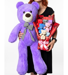 90cm Mor Ayıcık ve Renkli Ayıcıklı Gül Desenli Kağıtlı Peluş Buket Ayıcık - Dogum Gunu Hediyesi Kiza