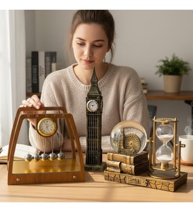 Kişiye Özel Vintage Dekoratif Masaüstü Seti Newton Denge Topları Big Ben Saat Kum Saati ve Kar Küres