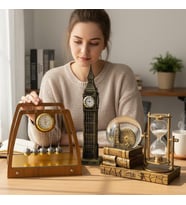 Kişiye Özel Vintage Dekoratif Masaüstü Seti Newton Denge Topları Big Ben Saat Kum Saati ve Kar Küres