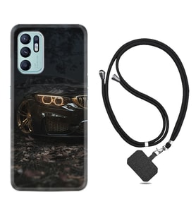 Oppo Reno 6 Kılıf Silikon Boyun Askılı İpli Desenli Silikon Black Car 1768
