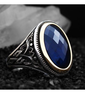 Lacivert Safir Kristal Kesim Taşlı Özel Seri Erkek Gümüş Yüzük