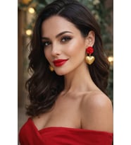 Velvet Rose Kırmızı Güll ve Dore Kalp Sallantılı El Yapımı Küpe - Şık, Sevgililer Günü, Hediye (Kırmızı-Altın)