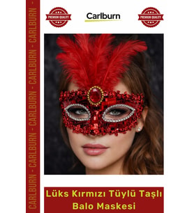 #Maske Gösterişli Payetli Taşlı Maskeli Balo Parti Eğlence Lüks Kırmızı Tüylü Taşlı Balo Maskesi
