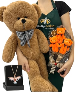 Premium Hediye Seti - Renkli Anka Kuşu Kolyeli, 3'lü Ayıcık Buketli ve Kahve Peluş Ayıcıklı Set (Model 2)