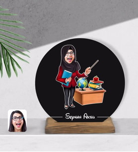 BK Gift Kişiye Özel Tesettürlü Kadın Öğretmen Karikatürlü Yuvarlak Ahşap Biblo-1