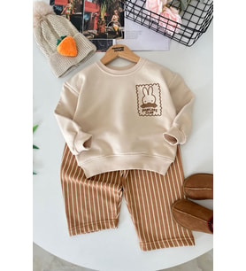 Tavşan Baskılı Kız Çocuk 2 li Oversize Takım - Bej