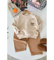 Tavşan Baskılı Kız Çocuk 2 li Oversize Takım - Bej