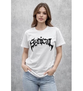 Bisiklet Yaka Ön Baskılı Kısa Kollu Tişört Streetwear Günlük Basic Pamuklu T-shirt - Beyaz