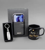Kişiye Özel Happy New Years Kupa & Telefon Cepli Gri Defter & Gümüş Renk Dikdörtgen Anahtarlık Hediye Seti