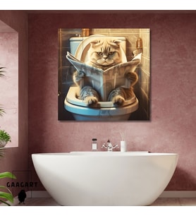 Tekli Kare Kanvas Banyo Tablosu Gazete Okuyan Gri Scottish Kedi