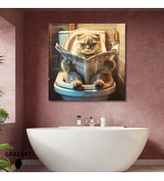 Tekli Kare Kanvas Banyo Tablosu Gazete Okuyan Gri Scottish Kedi