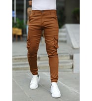 Slim Fit Körüklü Cep Paça Lastikli Esnek Kumaş Erkek Kargo Pantolon (Hardal)
