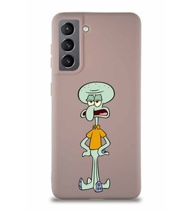 Samsung Galaxy S21 Soft Premier Kapak Squidward Dokunaç Tasarımlı Silikon Kılıf - Pudra (Şeffaf)
