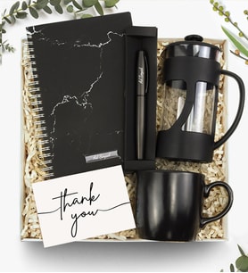 Kişiye Özel Beyaz Mermer Desen Defter & Kalın Metal Roller Kalem &  french Press & Siyah Mat Kupa & Hediye Seti