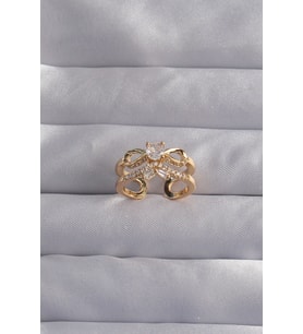 Pirinç Ayarlamalı Gold Renk Zirkon Taşlı 2li Görünüm Fiyonk Yüzük (Karışık)