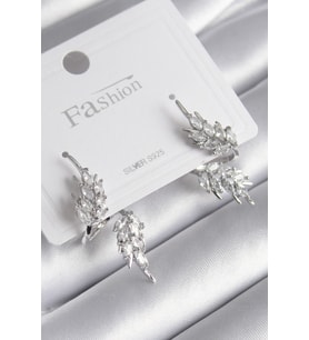 Pirinç Gümüş Renk Zirkon Taşlı Yaprak Model Kadın Küpe - TJ-BKP8608
