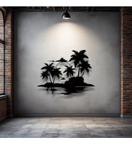 Tropikal Ada ve Gün Batımı Metal Duvar Dekoru – Modern Minimalist Sanat Tasarımı (Siyah)