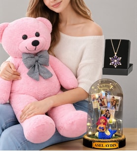 Muhteşem Set Pembe Peluş Ayıcık Kişiye Özel Led Işıklı Fanus ve Gerçek Ametist Taşlı Lotus Kolye (Model 7)
